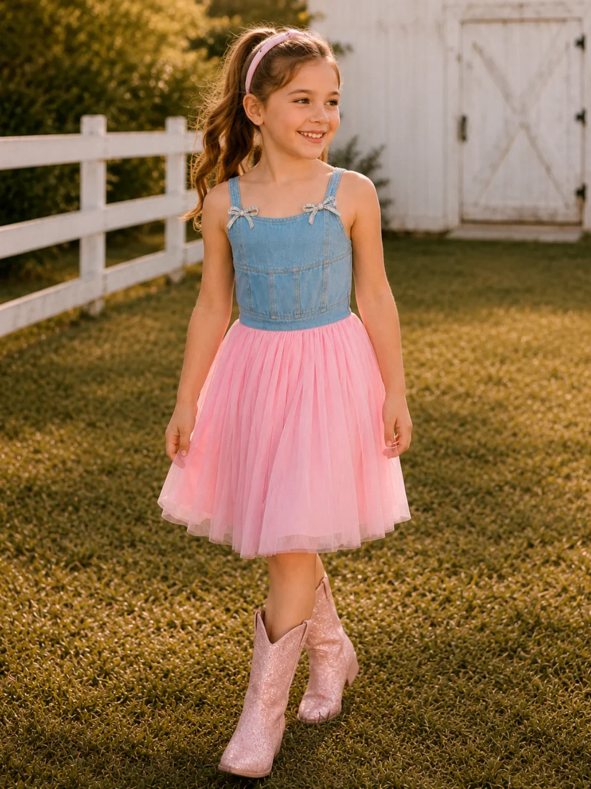 Image of Sparkle Denim Bow Tulle Dress