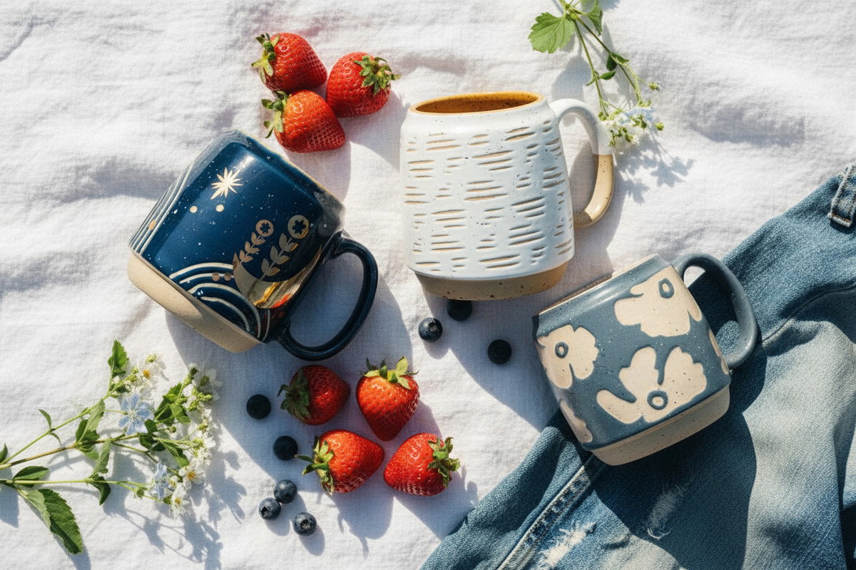 Three speckled stoneware mugs on a sunlit white linen picnic spread with fresh strawberries, blueberries, wildflowers, and a fold of worn denim
