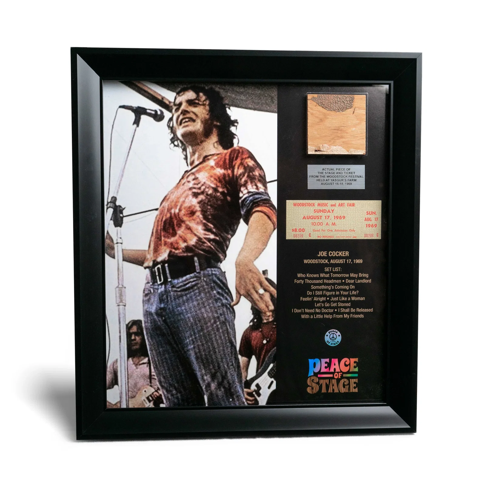 Image of Joe Cocker Frame with Piece of 1969 Woodstock Stage and Original Ticket