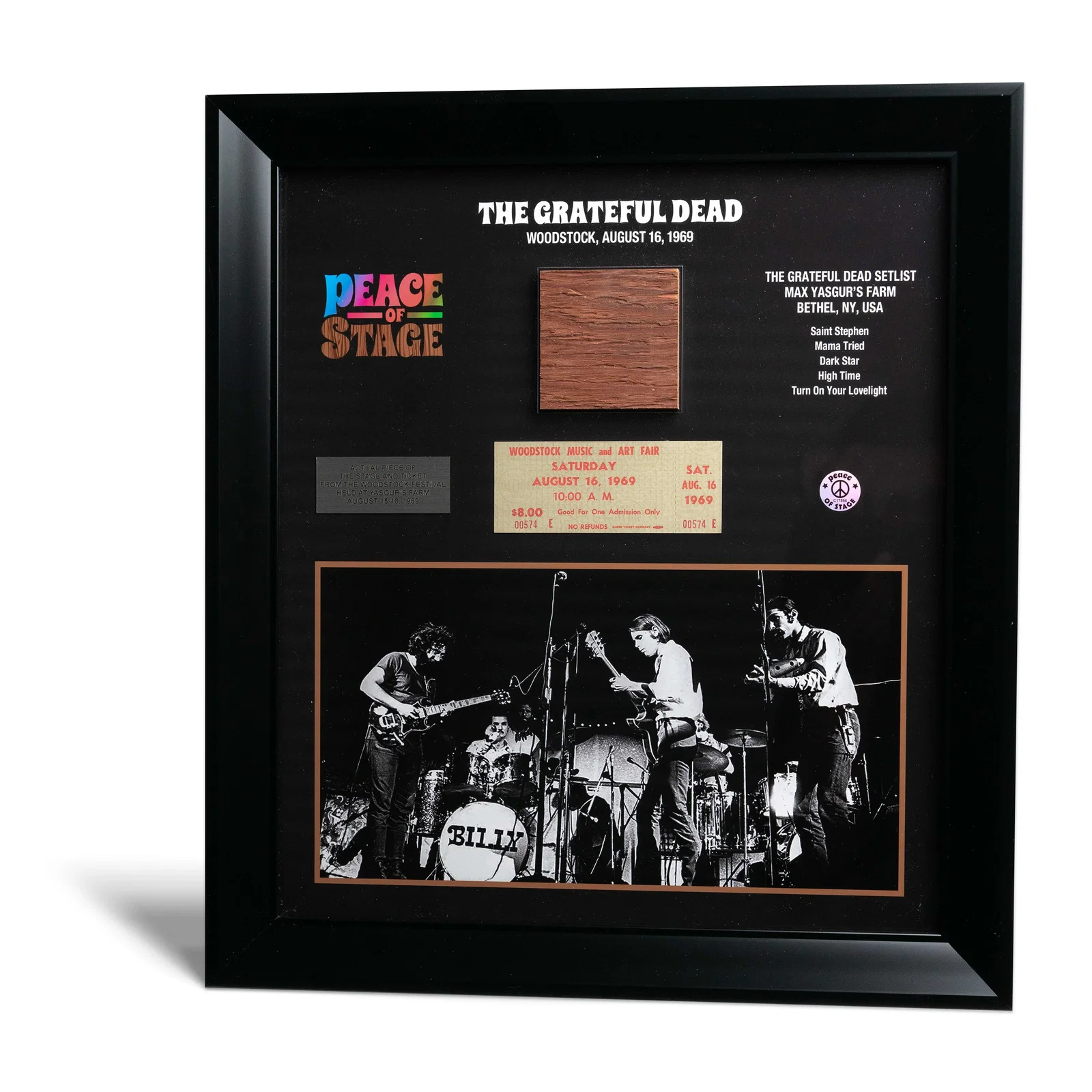 Image of The Grateful Dead Frame with Piece of 1969 Woodstock Stage and Original Ticket