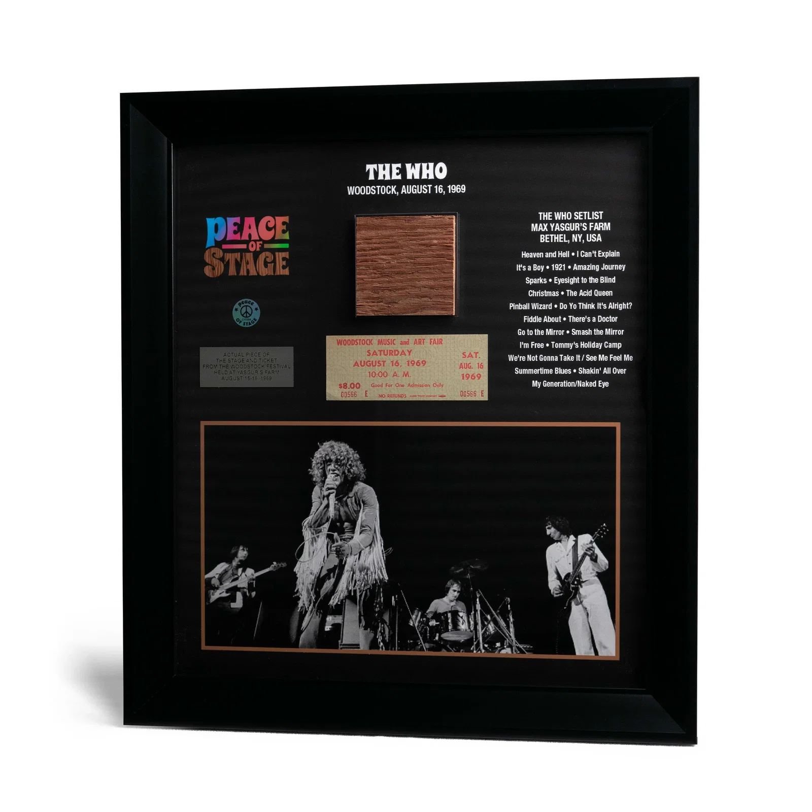 Image of The Who Frame with Piece of 1969 Woodstock Stage and Original Ticket
