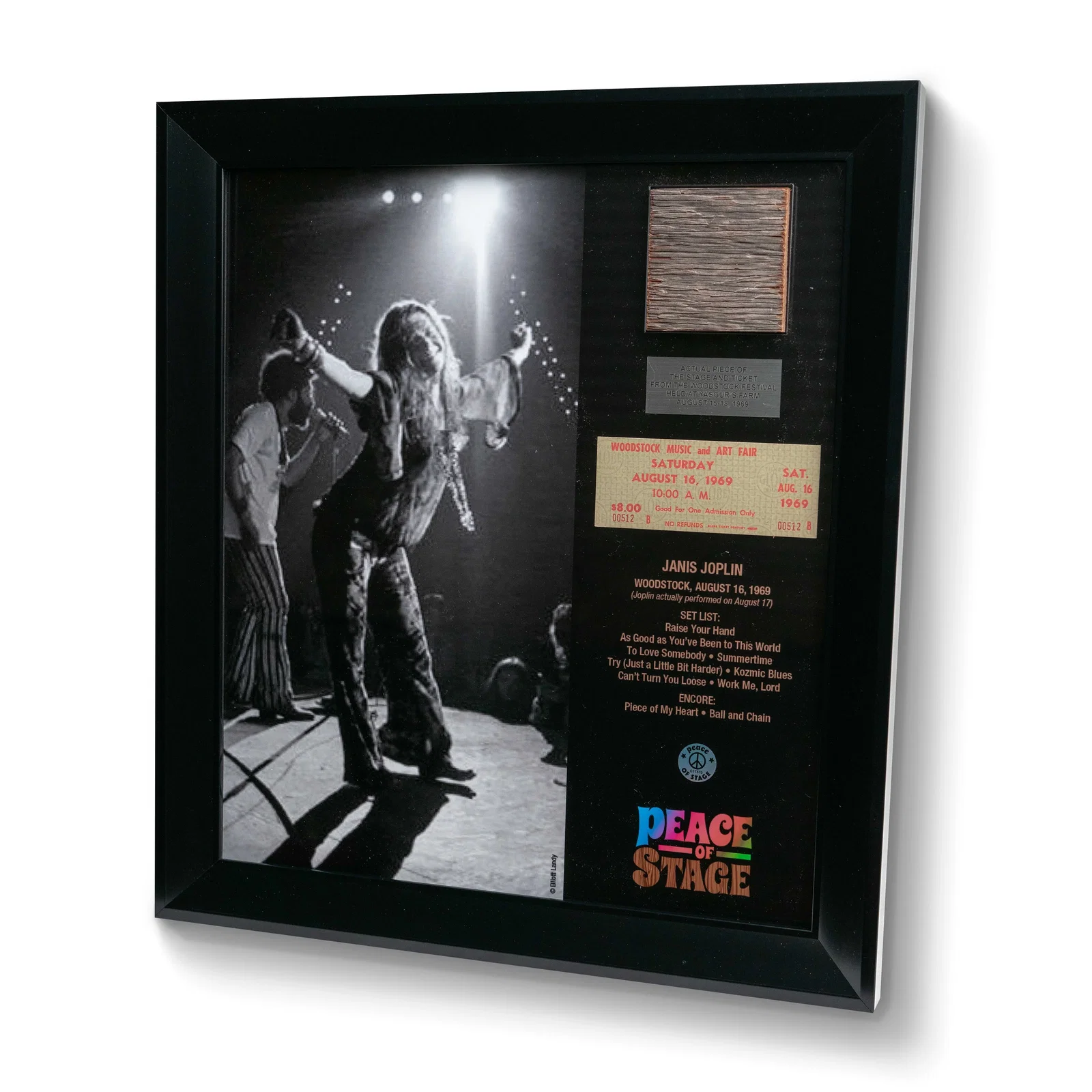 Image of Janis Joplin Frame with Piece of 1969 Woodstock Stage and Original Ticket