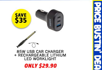 85W USB Car Charger + Rechargeable Lithium LED Worklight