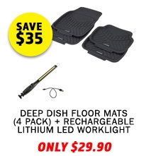 Deep Dish Floor Mats (4 Pack) + Rechargeable Lithium LED Worklight
