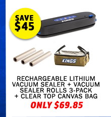 Rechargeable Lithium Vacuum Sealer + Vacuum Sealer Rolls 3-Pack + Clear Top Canvas Bag