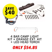 Illuminator 4 Bar Camp Light Kit + Orange LED Camp Light Extension Kit + LED Head Torch