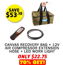 Canvas Recovery Bag + 12v Air Compressor Extension Hose + LED Work Light