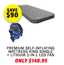 Premium Self-Inflating Mattress King Single + Lithium 2-in-1 LED Fan