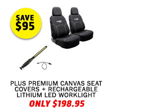 Plus Premium Canvas Seat Covers + Rechargeable Lithium LED Worklight