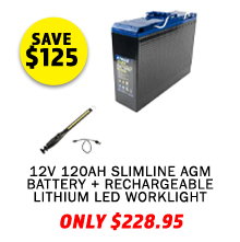 12V 120Ah Slimline AGM Battery + Rechargeable Lithium LED Worklight