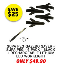 Supa Peg Gazebo Saver - Supa Peg - 4 Pack - Black + Rechargeable Lithium LED Worklight