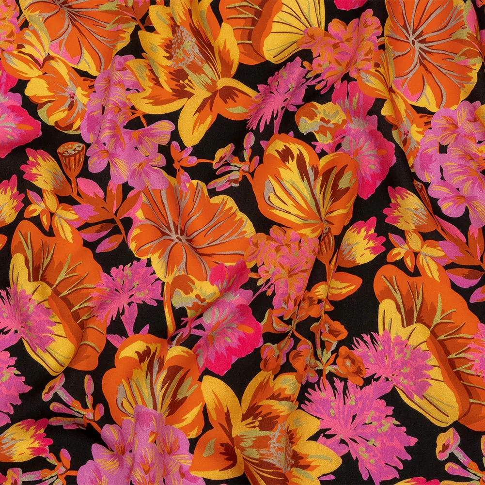 Image of Rayon Challis - Black, Pink and Yellow Floral - Tangerine Dreams Print - Mood Exclusive Citrus Collection