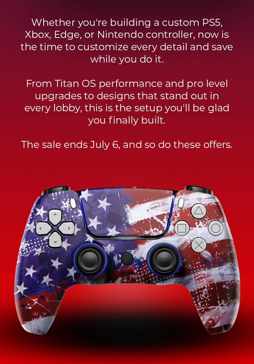 moddedzone | Whether you're building a custom PS5, Xbox, Edge, or Nintendo controller, now is the time to customize every detail and save while you do it.  From Titan OS performance and pro level upgrades to designs that stand out in every lobby, this is the setup you'll be glad you finally built.  The sale ends July 6, and so do these offers.