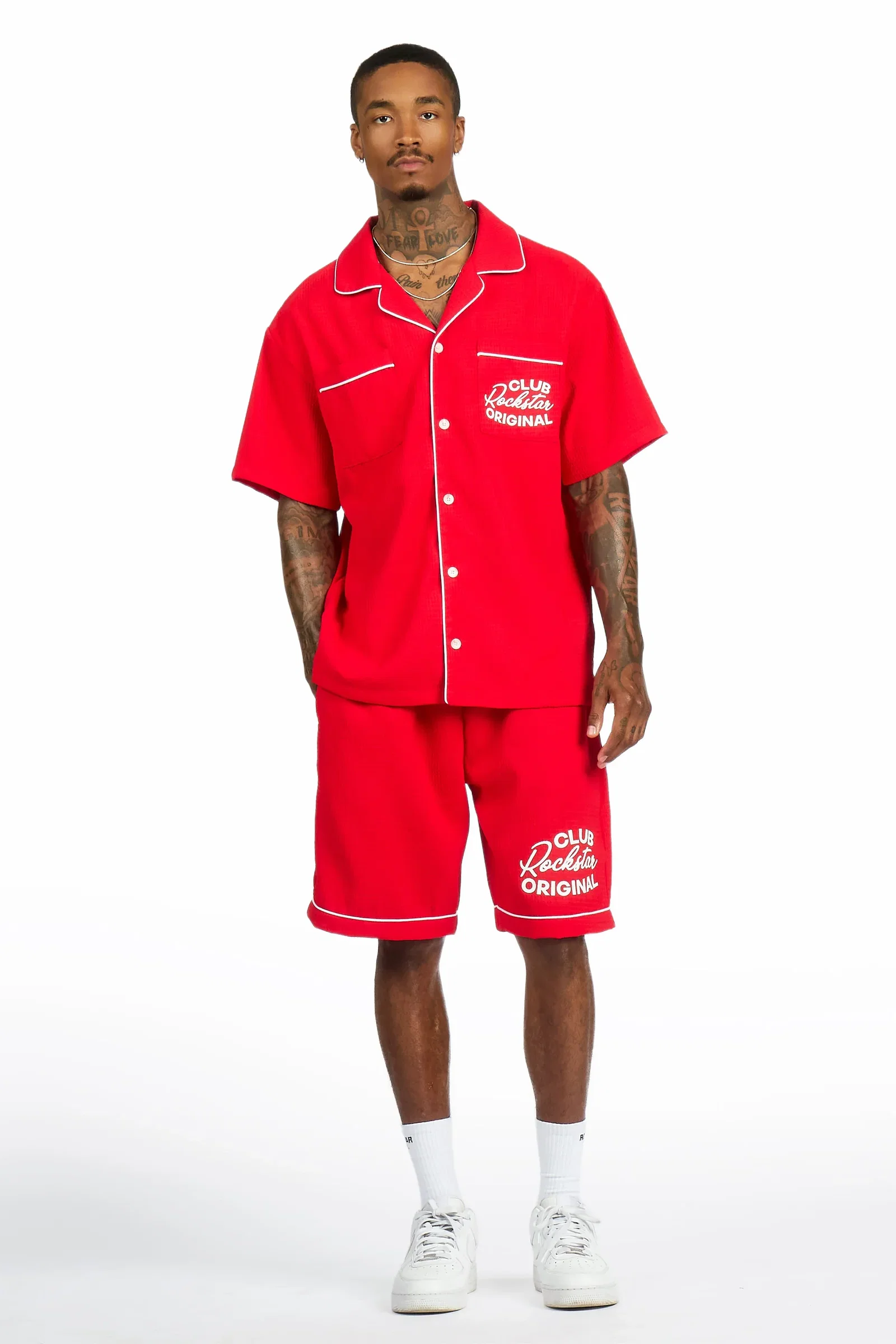 Image of Clarence Red Button Down Shirt/Short Set