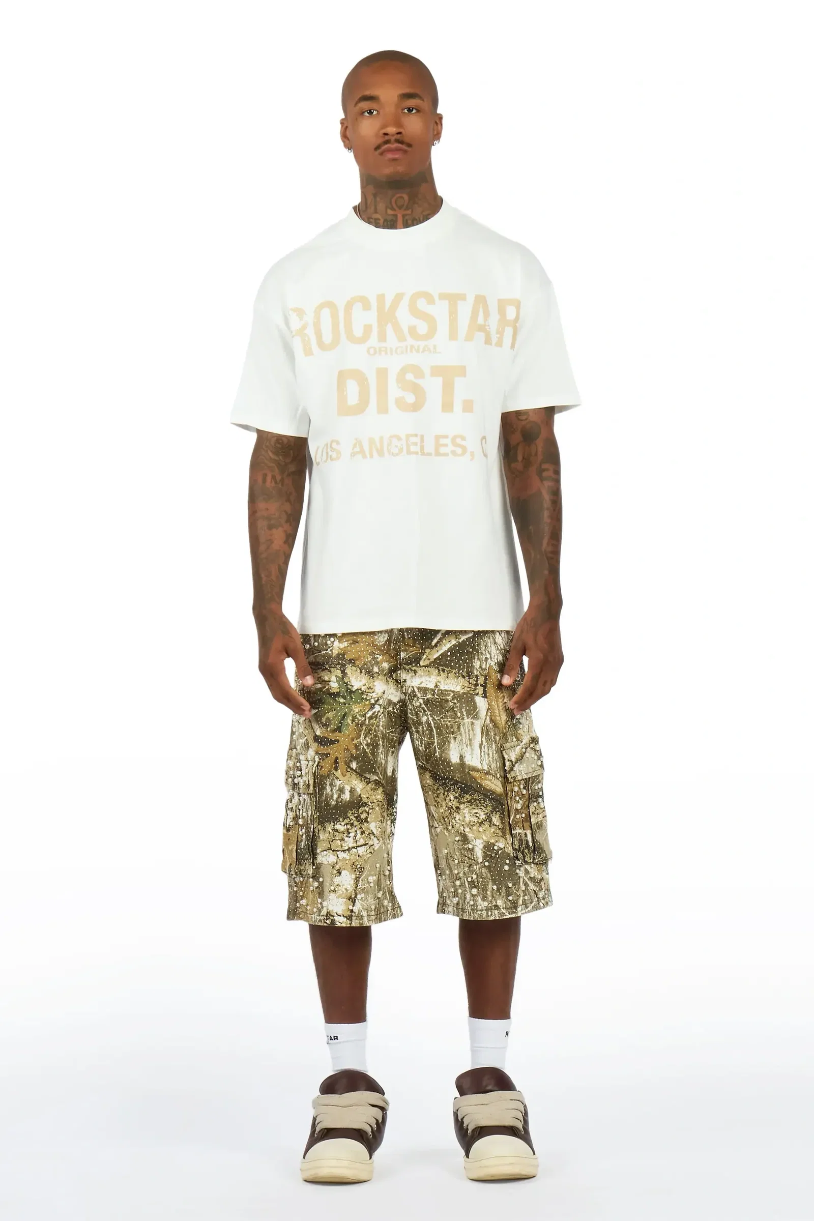 Image of Sevyn White/Tree Camo Rhinestone T-Shirt Denim Jort Set