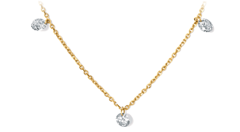 Yellow gold necklace chain with 3 diamond pendants, two on each side and one in the center. 