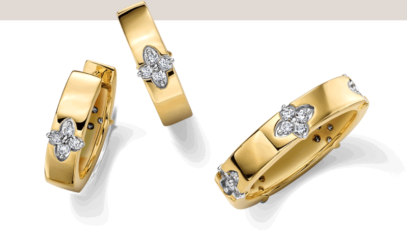 Matching set of earrings and ring in yellow gold with diamond floral accents. 