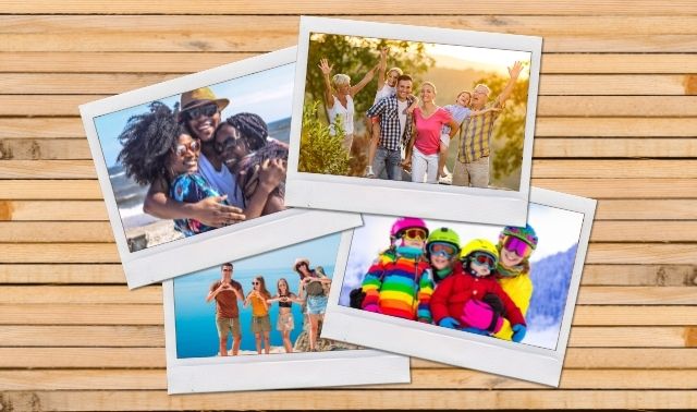Photos laying on wood slat table showing pictures of families at destination family reunions