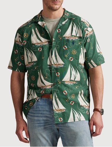 Sailboat-Print Oxford Camp Shirt