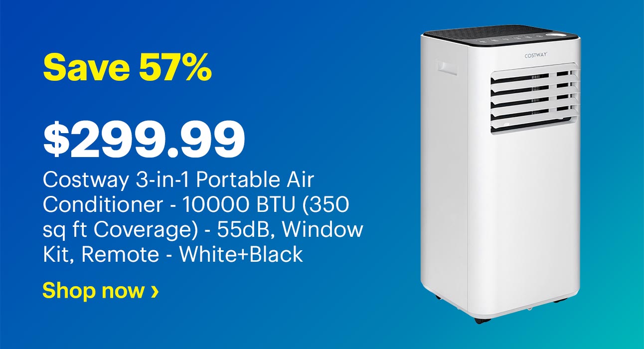 $299.99. Save 57% on Costway 3-in-1 Portable Air Conditioner - 10000 BTU (350 sq ft Coverage) - 55dB, Window Kit, Remote - White+Black. Shop now.