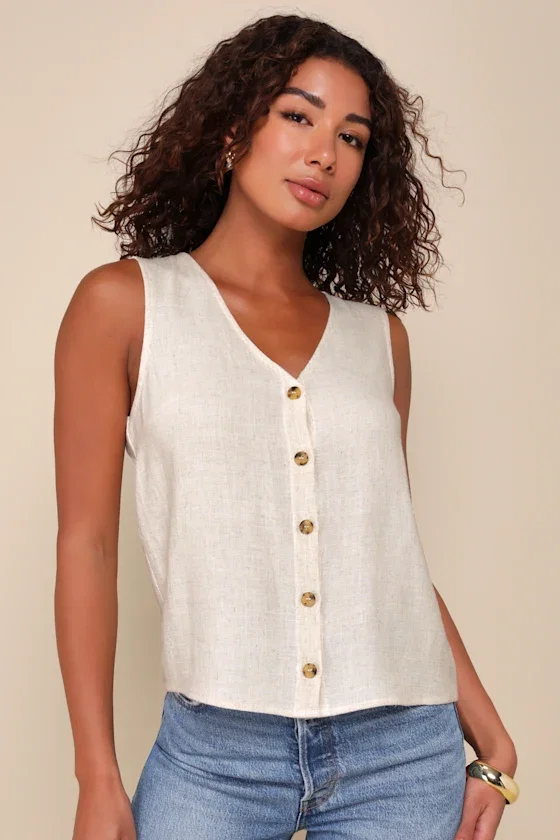 Image of Casually Sophisticated Beige Linen Sleeveless Button-Front Top
