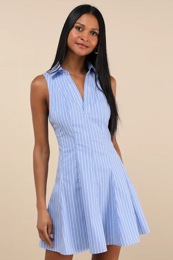 Image of Zenley Blue Striped Collared Skater Mini Dress