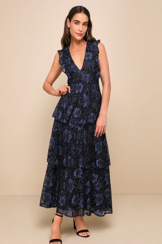 Image of Molinetto Navy Blue Lace Ruffled Tiered Sleeveless Maxi Dress