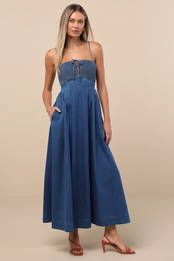 Image of Laylie Medium Wash Denim Lace-Up Midi Dress