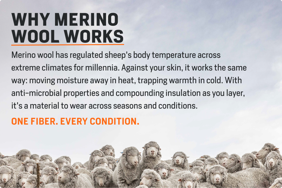 Why Merino Wool Works: Merino wool has regulated sheep's body temperature across extreme climates for millennia. Against your skin, it works the same way: moving moisture away in heat, trapping warmth in cold. With anti-microbial properties and compounding insulation as you layer its a material to across seasons and conditions.