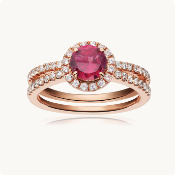 Ruby & Diamond Halo Double Split Shank Ring in 10k Rose Gold