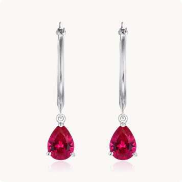 Pear Shaped Created Ruby Hoop Earrings in Sterling Silver