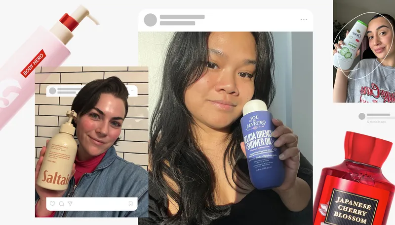 Collage of bottles of body washes and selfies of people smiling while holding the best smelling body washes