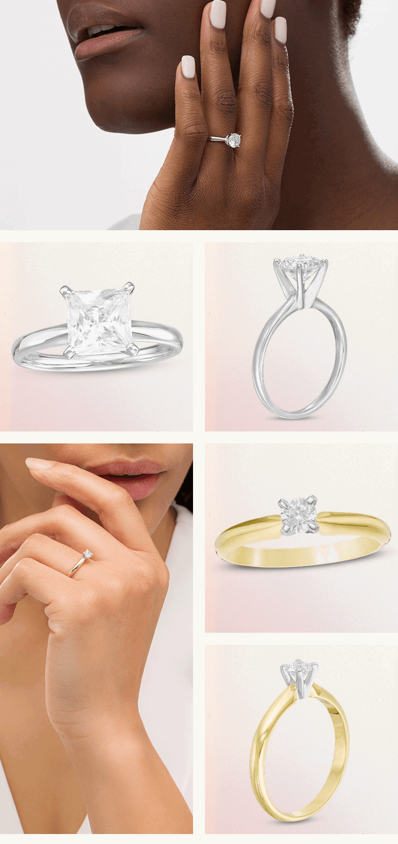 Solitaire diamond rings (white & yellow gold) showcased through lifestyle imagery on model & product angles.