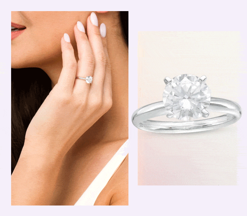 Rotating image of model’s hands with diverse engagement rings on white metal: round, marquise & princess-cut center stones.