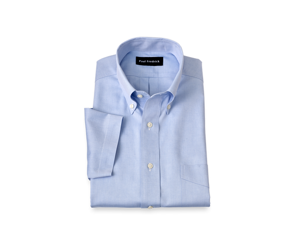 Non-Iron Cotton Pinpoint Solid Button Down Collar Short Sleeve Dress Shirt - Blue-Classic Fit / 17.5