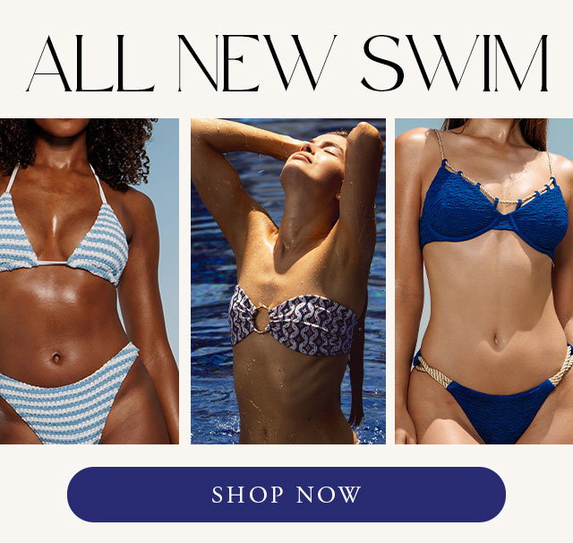 Collage of models wearing blue bikinis. Shop now. 