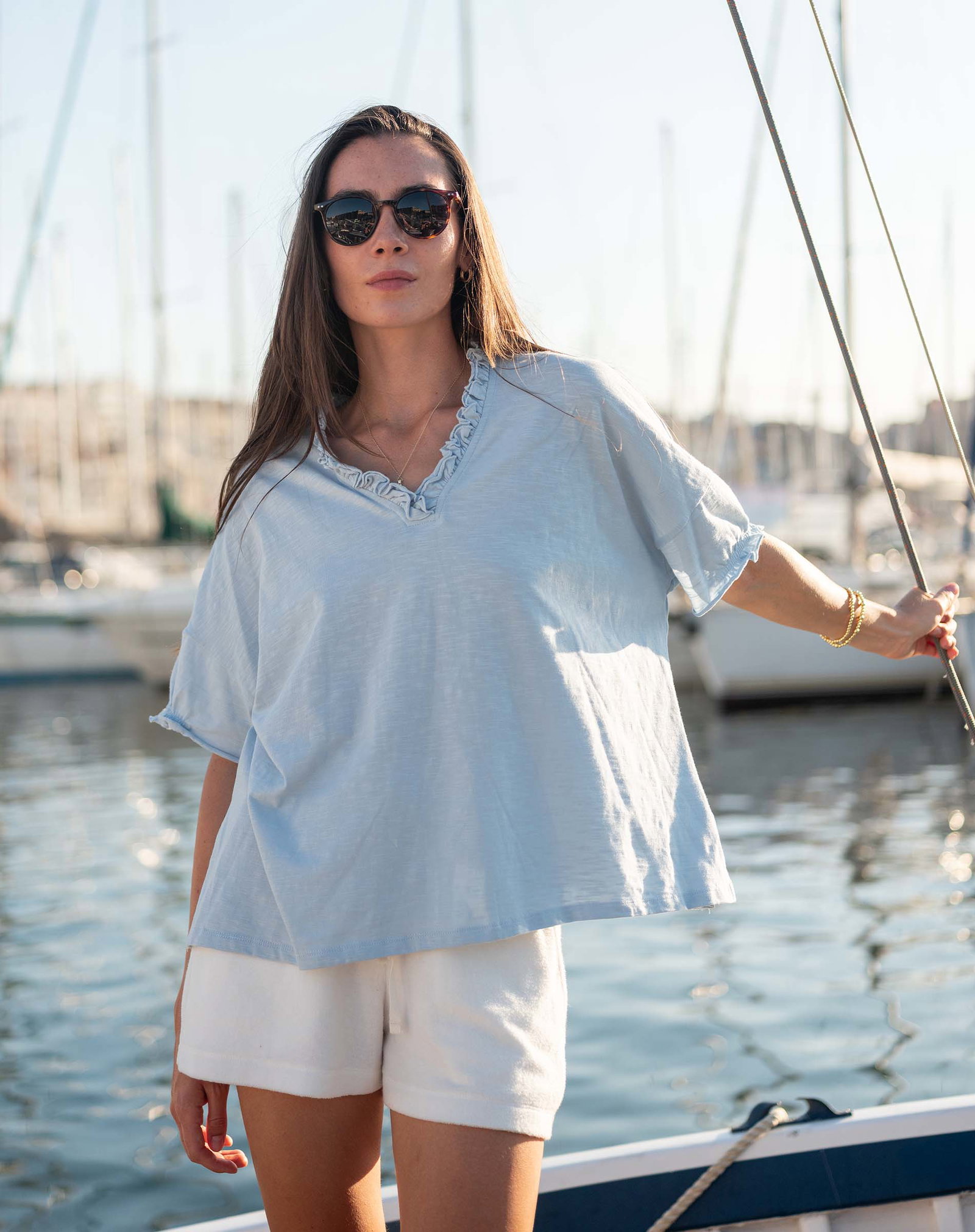 Amelia Ruffle Tee in Niagra Mist