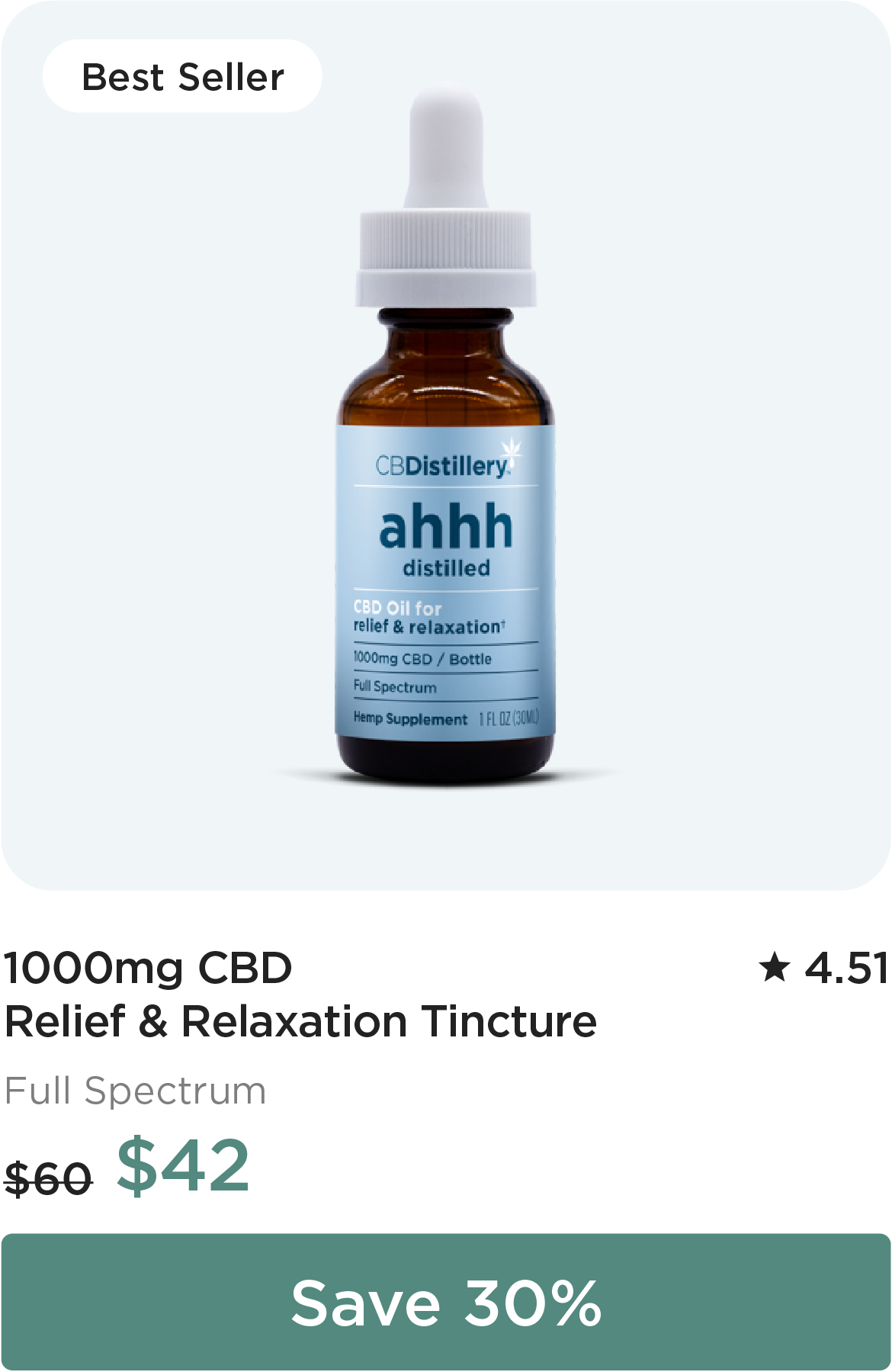 1000mg CBD Relief & Relaxation Tincture. Originally $60, now $42. Save 30%