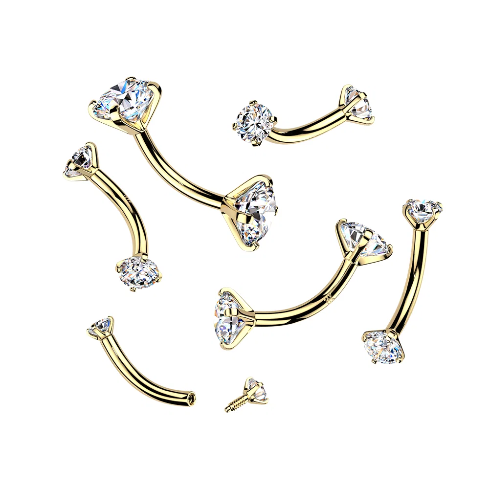  14K Gold Diamond End Curved Barbells Piercings 16G 8mm 