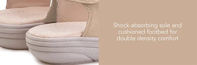 Shock-absorbing sole and cushioned footbed for double density comfort