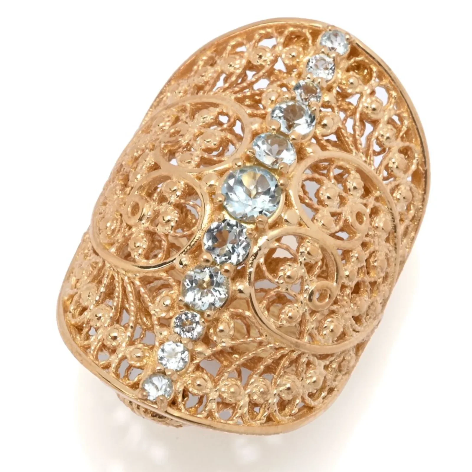Image of Passport to Turkey Gold Plated Blue Topaz Filigree Elongated Ring