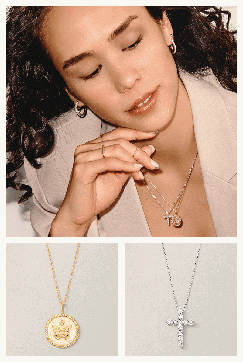 A model wearing gold and diamond jewelry with close-ups of two pendants. 