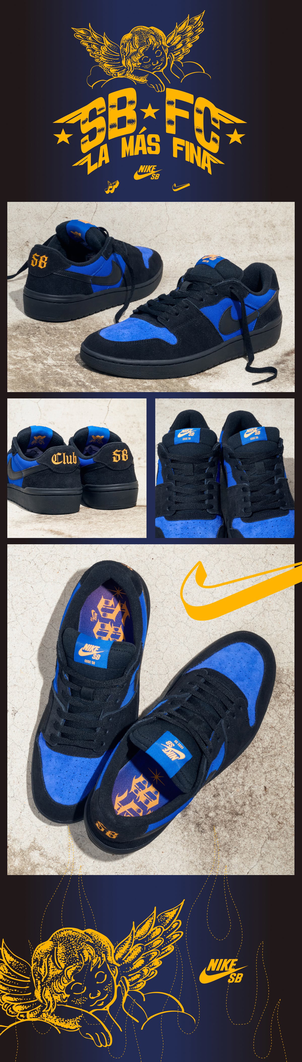 Shop the new Nike Club58 shoes, with a black base and blue accents