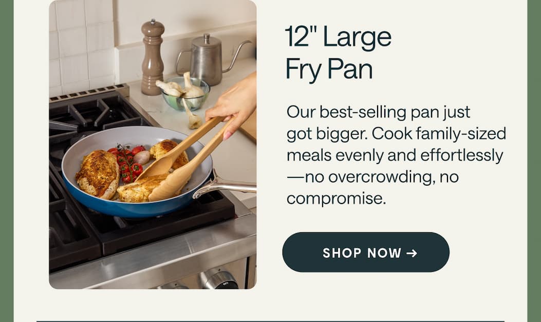 12" Large  Fry Pan Our best-selling pan just  got bigger. Cook family-sized meals evenly and effortlessly—no overcrowding, no compromise. Shop Now →