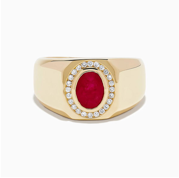 Men's 14K Yellow Gold Bezel Halo Ruby and Diamond Signet Ring