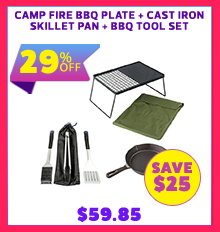 Camp Fire BBQ Plate + Cast Iron Skillet Pan + BBQ Tool Set