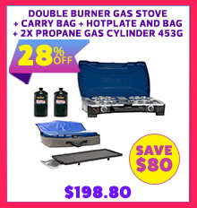 Double Burner Gas Stove + Double Burner Carry Bag + Hotplate and Bag + 2x Propane Gas Cylinder 453G
