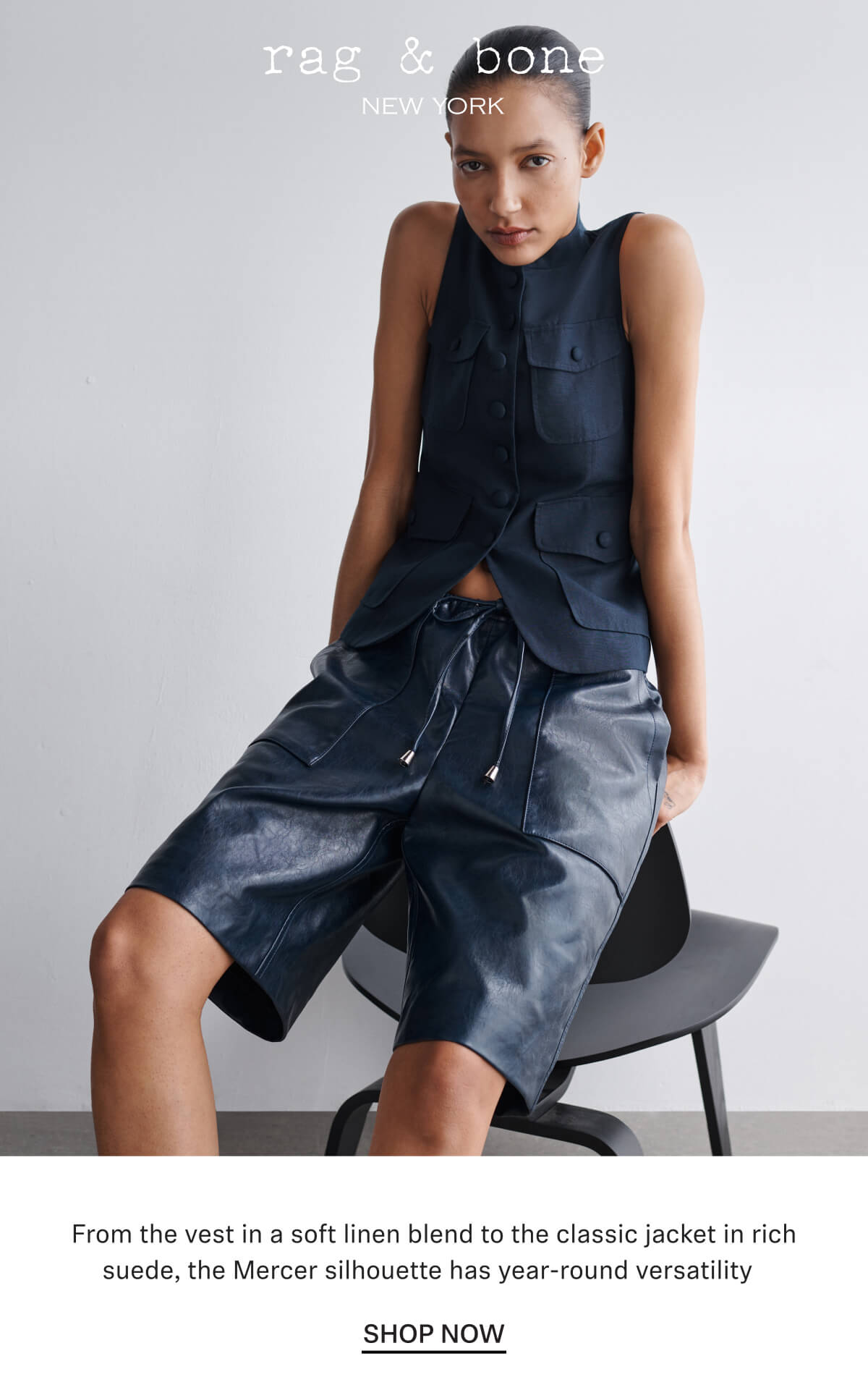 From the vest in a soft linen blend to the classic jacket in rich suede, the Mercer silhouette has year-round versatility