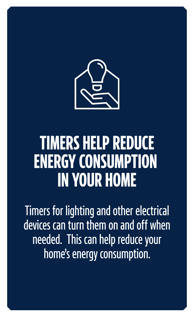 Timers for lighting and other electrical devices can turn them on and off when needed.  This can help reduce your home's energy consumption.