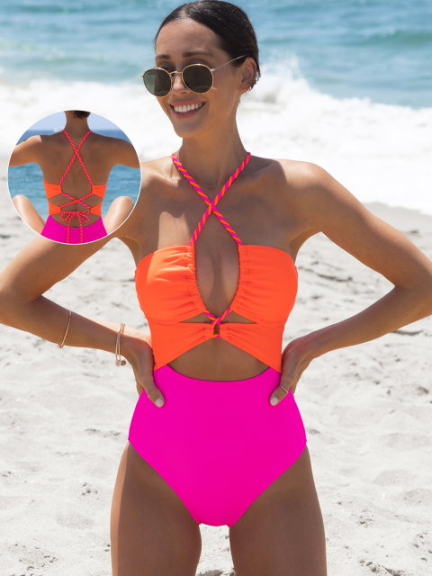 Colorblock Cutout Lace-Up Back One Piece Swimsuit（with Sewn-In Cups)